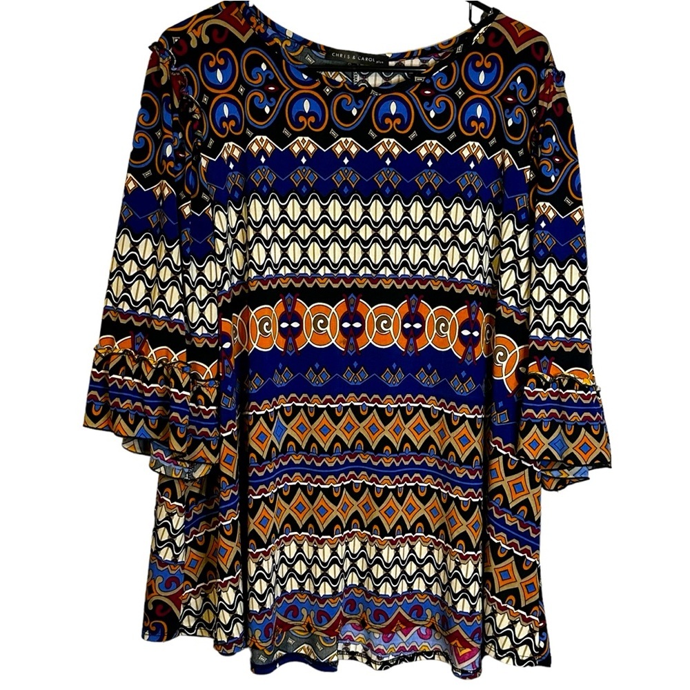 Chris & Carol Plus 3X Geometric Bell Sleeve Tunic Boho Whimsigoth Eclectic Artsy